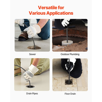 Μηχανή καθαρισμού αποχέτευσης VEVOR 30m x 19mm, Αυτόματη τροφοδοσία αποχετευτικού τρυπανιού με τροχούς, Φορητή μηχανή καθαρισμού αποχέτευσης με 4 κοπτικά & διακόπτη ποδιού με ενεργοποίηση αέρα για σωλήνες 100mm έως 200mm