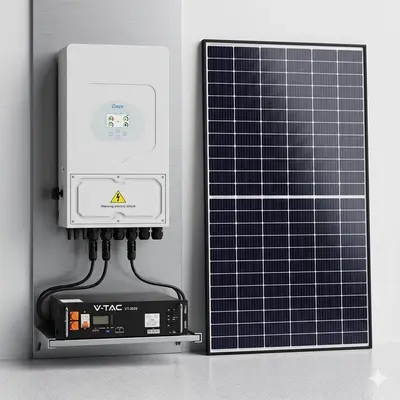 Πλήρες Πακέτο Φωτοβολταϊκών 8kW (Net-Billing) με Μονοφασικό Υβριδικό Inverter Deye, Μπαταρία Λιθίου 5.12kWh και Πάνελ 8kWp