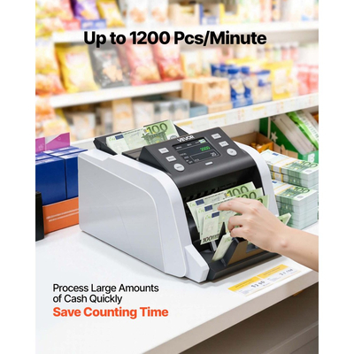 Μηχανή καταμέτρησης χρημάτων VEVOR, 1200 χαρτονομίσματα/λεπτό, μετρητής μετρητών με μέτρηση αξίας, ανίχνευση πλαστογραφίας UV/MG/IR/DD/DBL/HLF/CHN, οθόνη TFT, μηχανή καταμέτρησης χρημάτων μεικτής ονομαστικής αξίας για δολάριο και ευρώ