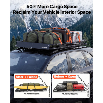 Καλάθι Αποσκευών VEVOR Roof Rack, 1168 x 914 x 102 mm, Βαρέως Τύπου Καλάθι Μεταφοράς Οροφής με Πτυσσόμενο Σχεδιασμό, Χωρητικότητα 90,72 kg, Βάση Αποσκευών Αυτοκινήτου με Εύκολη Εγκατάσταση σε Όλες τις Καιρικές Συνθήκες, Universal για Φορτηγό SUV