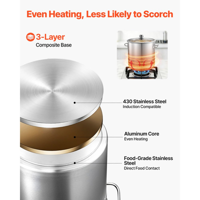 Χύτρα από ανοξείδωτο ατσάλι VEVOR, Χύτρα από ανοξείδωτο ατσάλι 19,9 λίτρων με γυάλινο καπάκι, χωρίς PFOA, χωρίς PFAS, συμβατή με εστίες αερίου, επαγωγικές εστίες, ηλεκτρικές εστίες, για σούπες, μαγειρευτά και ζυμαρικά