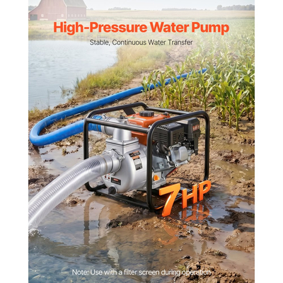 Αντλία νερού VEVOR με βενζίνη, 76,2 mm, 264 GPM 7HP, φορητή αντλία μεταφοράς νερού για λίπη, βενζινοκινητήρας με σωλήνα εκκένωσης 7,62 m, πλαίσιο βαρέως τύπου, πτερωτή από χυτοσίδηρο, για άρδευση, πισίνες