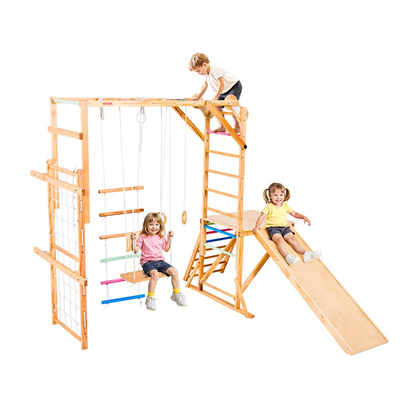 VEVOR Εσωτερική Παιδική Χαρά Jungle Gym, Ξύλινο Σετ Εσωτερικής Παιδικής Χαράς 8 σε 1, Παιχνίδια Αναρρίχησης Montessori Φόρτωσης 100KG με Κούνια, Τσουλήθρα, Μπάρα Μαϊμούς, Δαχτυλίδια Γυμναστικής, Ξύλινη / Σχοινένια Σκάλα, Δίχτυ Αναρρίχησης & Μπάρα