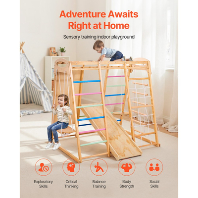 VEVOR Εσωτερική Παιδική Χαρά Jungle Gym, Παιχνίδια Αναρρίχησης Montessori 9 σε 1 για νήπια, Ξύλινο Σετ Εσωτερικής Παιδικής Χαράς 113KG με Μπάρα Μαϊμούς, Κούνιες, Τσουλήθρα, Σχοινί / Ξύλινη Σκάλα, Δίχτυ Αναρρίχησης, Μπάρα & Βράχο