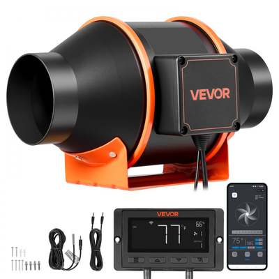 Ανεμιστήρας αγωγού VEVOR Inline, 349m³/h 101,6mm EC με κινητήρα και εξαερισμό 10 ταχυτήτων, ελεγκτής PWM, έλεγχος με εφαρμογή, αισθητήρας θερμοκρασίας και υγρασίας, ψύξη για σκηνή καλλιέργειας, εσωτερική κηπουρική, υδροπονία