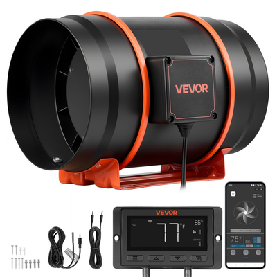 Ανεμιστήρας αγωγού VEVOR Inline, 1372m³/h 203mm EC με κινητήρα και εξαερισμό 10 ταχυτήτων, ελεγκτής PWM, έλεγχος με εφαρμογή, αισθητήρας θερμοκρασίας και υγρασίας, ψύξη για σκηνή καλλιέργειας, εσωτερική κηπουρική, υδροπονία