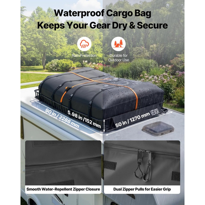 Καλάθι Αποσκευών VEVOR Roof Rack, 2286 x 1270 x 152 mm, Βαρέως Τύπου Καλάθι Μεταφοράς Οροφής με Αδιάβροχη Τσάντα Οροφής, Ιμάντες Καστάνιας, Χωρητικότητα 113,4 kg, Θήκη Αποσκευών Αυτοκινήτου για Παντός Καιρού, για Φορτηγό SUV