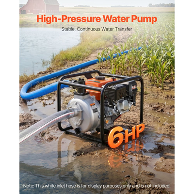Αντλία νερού VEVOR με βενζίνη, 50,8 mm, 128 GPM 6HP, φορητή αντλία μεταφοράς νερού για λίπη, βενζινοκινητήρας με σωλήνα εκκένωσης 7,62 m, πλαίσιο βαρέως τύπου, πτερωτή από χυτοσίδηρο, για άρδευση, πισίνες