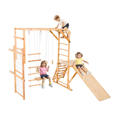 VEVOR Εσωτερική Παιδική Χαρά Jungle Gym, Ξύλινη Εσωτερική Παιδική Χαρά 8 σε 1 για Παιδιά, Σετ Παιχνιδιών Αναρρίχησης Montessori 100KG με Τσουλήθρα, Κούνια, Μπάρα Μαϊμούς, Δαχτυλίδια Γυμναστικής, Ξύλινη / Σχοινένια Σκάλα, Δίχτυ Αναρρίχησης & Μπάρα