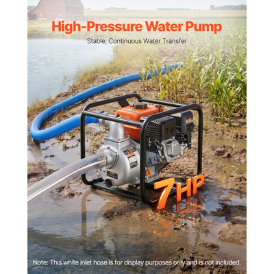 Αντλία νερού VEVOR με βενζίνη, 50,8 mm, 142 GPM 7HP, φορητή αντλία μεταφοράς νερού για λίπη, βενζινοκινητήρας με σωλήνα εκκένωσης 7,62 m, πλαίσιο βαρέως τύπου, πτερωτή από χυτοσίδηρο, για άρδευση, πισίνες