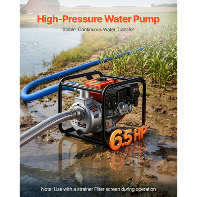 Αντλία νερού VEVOR με βενζίνη, 50,8 mm, 132 GPM 6,5HP, φορητή αντλία μεταφοράς νερού για λίπη, βενζινοκινητήρας με σωλήνα εκκένωσης 7,62 m, πλαίσιο βαρέως τύπου, πτερωτή από χυτοσίδηρο, για άρδευση, πισίνες