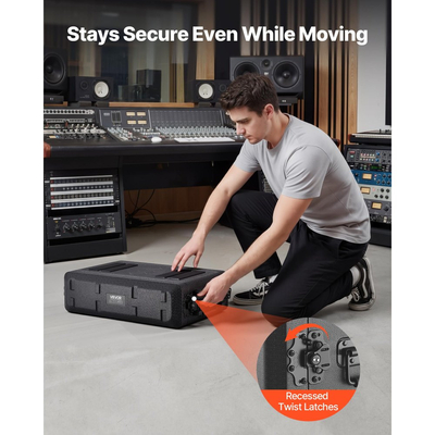 Θήκη Rack VEVOR 2U, βάθος 260 mm, ρηχή θήκη Flight Case με θήκες μικροφώνου, κατασκευή από πολυαιθυλένιο, εσοχές περιστρεφόμενες ασφάλειες, εύκολη εγκατάσταση, για ενισχυτή, ήχο, μίκτη DJ