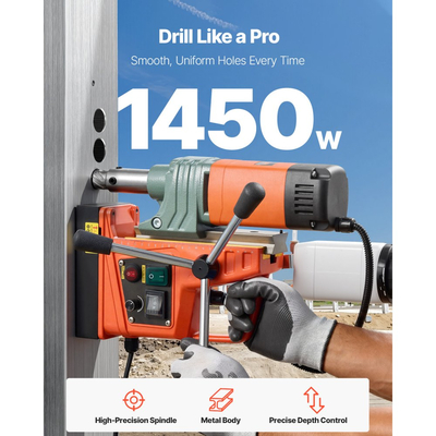 Μαγνητικό τρυπάνι VEVOR, Κινητήρας 1450W Διάμετρος διάτρησης 50 mm, Μαγνητική δύναμη 13000 N, Φορητή ηλεκτρική πρέσα τρυπανιού Mag με 6 μύτες διάτρησης, Μεταβλητή ταχύτητα, Τρυπάνι για μεταλλικές επιφάνειες, Βιομηχανικό