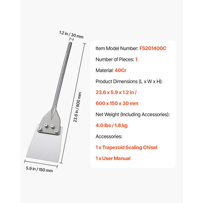 Ξύστρα δαπέδου VEVOR SDS Max, μύτη καλεμιού 600 x 150 mm με στέλεχος SDS Max, συμβατή με περιστροφικά πιστολέτα, θερμικά επεξεργασμένος χάλυβας 40Cr, αιχμηρή άκρη για την αφαίρεση δαπέδων laminate, πλακιδίων και κονιαμάτων