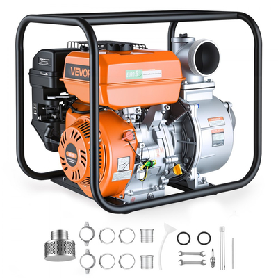 Αντλία νερού VEVOR με βενζίνη, 101,6 mm, 422 GPM 8,3HP, φορητή αντλία μεταφοράς νερού για λίπη, βενζινοκινητήρας με σωλήνα εκκένωσης 7,62 m, πλαίσιο βαρέως τύπου, πτερωτή από χυτοσίδηρο, για άρδευση, πισίνες