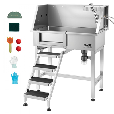 Σταθμός πλύσης σκύλου VEVOR 86,4 cm, μπανιέρα περιποίησης κατοικίδιων από ανοξείδωτο ατσάλι, επαγγελματικός νιπτήρας πλύσης σκύλου με ντους, βρύση, θήκη σαπουνιού, αντιολισθητικές σκάλες, εύκολο καθάρισμα για μικρά κατοικίδια και γάτες (αριστερή πόρτα)