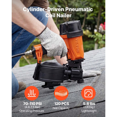 Επαγγελματικό καρφωτικό στέγης VEVOR CN45N, πιστόλι καρφώματος στέγης αέρα 15 μοιρών 19mm έως 45mm, εξαιρετικά γρήγορο κάρφωμα 4–5 καρφιών/S, πνευματικό καρφωτικό σπειροειδούς πηνίου 4,8-7,5 bar για ασφαλτικά κεραμίδια, επένδυση στέγης