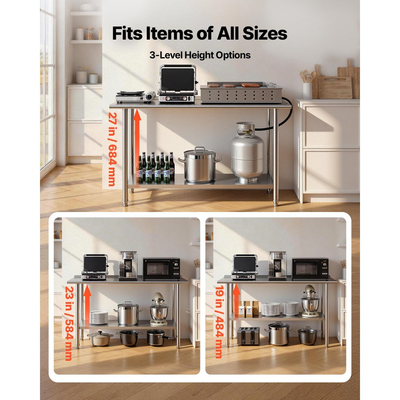 Τραπέζι εργασίας από ανοξείδωτο ατσάλι VEVOR, τραπέζι προετοιμασίας φαγητού 61x152 cm με πίσω επένδυση, επαγγελματικός σταθμός εργασίας κουζίνας με ρυθμιζόμενο κάτω ράφι, μεταλλικό τραπέζι εργασίας βαρέως τύπου, για εστιατόριο, σπίτι, εξωτερικούς χώρους