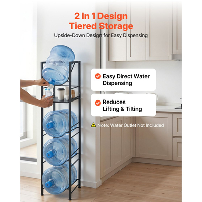 Βάση για κανάτες νερού VEVOR, 5 επίπεδα, 11 λίτρα και 19 λίτρα, για 4 μπουκάλια, βαρέως τύπου, με ράφι αποθήκευσης, ρυθμιζόμενα πόδια και λαβή, για κουζίνα, γραφείο, σαλόνι, μαύρο