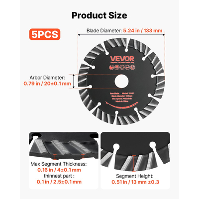Λεπίδες διαμαντιών VEVOR 133 mm, 5 λεπίδες κοπής τοίχου Chaser, άξονας 20 mm, διαμαντένια τμήματα υψηλής σκληρότητας, χαλύβδινος πυρήνας 65Mn, ξηρή και υγρή κοπή, καθαρές άκρες για σκυρόδεμα, τούβλα, πέτρα, τσιμέντο