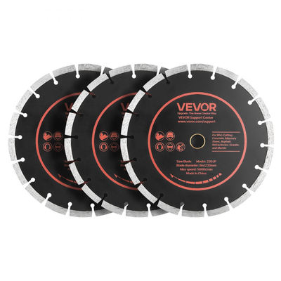Λεπίδες διαμαντιών VEVOR 230 mm, Σετ 3 λεπίδων πριονιού σκυροδέματος, Άξονας 22,2 mm, Διαμαντένια τμήματα υψηλής σκληρότητας, Πυρήνας χάλυβα 65Mn, Ξηρή υγρή κοπή, Καθαρές άκρες για σκυρόδεμα, τοιχοποιία, τούβλο, πέτρα, γρανίτη
