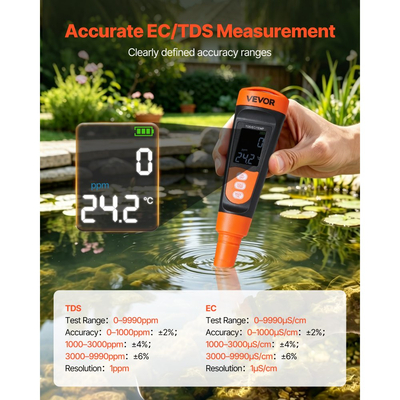 Μετρητής VEVOR TDS, Εύρος μέτρησης 0-9990 ppm, Μέτρηση πολλαπλών παραμέτρων EC (Αγωγιμότητα) /TDS (ppm), Ψηφιακός ελεγκτής νερού με ATC, Ευκρινής οθόνη VA, για έλεγχο ποιότητας πόσιμου νερού