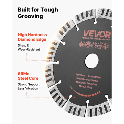 Λεπίδες διαμαντιών VEVOR 160 mm, 5 λεπίδες κοπής τοίχου Chaser, άξονας 22,2 mm, διαμαντένια τμήματα υψηλής σκληρότητας, χαλύβδινος πυρήνας 65Mn, ξηρή, υγρή κοπή, καθαρές άκρες για σκυρόδεμα, τούβλα, πέτρα, τσιμέντο