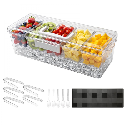 VEVOR Ψυγμένο δοχείο σερβιρίσματος καρυκευμάτων, δοχείο σερβιρίσματος με 5 διαμερίσματα και πάγο, πλαστικό πιάτο με δίσκο γαρνιτούρας φρούτων με καπάκι, για αξεσουάρ μπαρ σαλάτας για τάκος, είδη εστιατορίου για πάρτι και σπίτι
