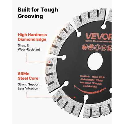 Λεπίδες διαμαντιών VEVOR 125 mm, 5 λεπίδες κοπής τοίχου Chaser, άξονας 20 mm, διαμαντένια τμήματα υψηλής σκληρότητας, χαλύβδινος πυρήνας 65Mn, ξηρή και υγρή κοπή, καθαρές άκρες για σκυρόδεμα, τούβλα, πέτρα, τσιμέντο