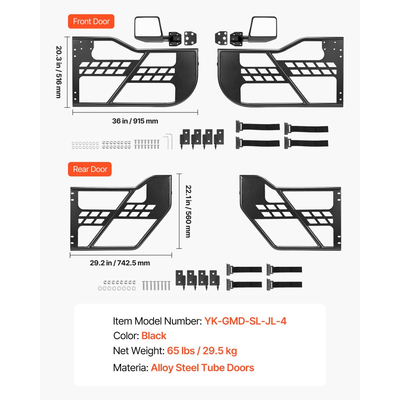 Πόρτες VEVOR Jeep Tube, 4θυρες, συμβατές με Wrangler JL JLU 2018-2026 & Gladiator JT 2020-2026, Χαλύβδινες μπροστινές και πίσω σωληνωτές ημιθυρίδες Off Road με πιστοποιημένους πλευρικούς καθρέφτες DOT και λαστιχένια μαξιλαράκια.