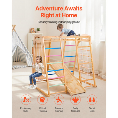 VEVOR Εσωτερική Παιδική Χαρά Jungle Gym, Ξύλινη Εσωτερική Παιδική Χαρά 7 σε 1 για Παιδιά, Σετ Παιχνιδιών Αναρρίχησης Montessori 113KG με Κούνια, Μπάρα Μαϊμούς, Τσουλήθρα, Ξύλινη Σκάλα, Σκάλα με Σχοινί, Δίχτυ Αναρρίχησης & Βράχο