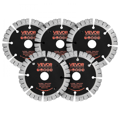 Λεπίδες διαμαντιών VEVOR 125 mm, 5 λεπίδες κοπής τοίχου Chaser, άξονας 20 mm, διαμαντένια τμήματα υψηλής σκληρότητας, χαλύβδινος πυρήνας 65Mn, ξηρή και υγρή κοπή, καθαρές άκρες για σκυρόδεμα, τούβλα, πέτρα, τσιμέντο