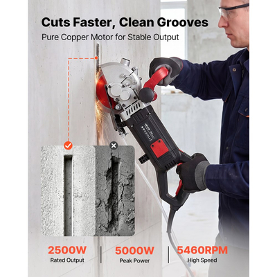 VEVOR Wall Chaser, Ηλεκτρική μηχανή κοπής αυλακιών τοίχου 5000W, Μέγιστη ταχύτητα 5460 σ.α.λ., Κόφτης σχισμών σκυροδέματος με οδηγό γραμμής, 5 λεπίδες, Ρυθμιζόμενη λαβή για κοπή αυλακιών σε τούβλα, σκυρόδεμα