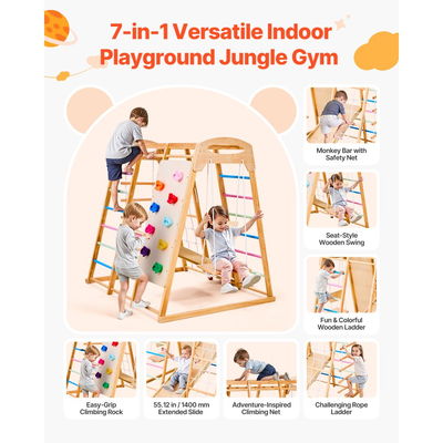 VEVOR Εσωτερική Παιδική Χαρά Jungle Gym, Ξύλινη Εσωτερική Παιδική Χαρά 7 σε 1 για Παιδιά, Σετ Παιχνιδιών Αναρρίχησης Montessori 113KG με Κούνια, Μπάρα Μαϊμούς, Τσουλήθρα, Ξύλινη Σκάλα, Σκάλα με Σχοινί, Δίχτυ Αναρρίχησης & Βράχο