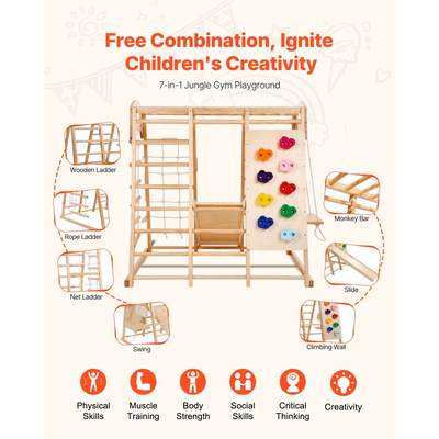 VEVOR Εσωτερικό Γυμναστήριο Ζούγκλας, Εσωτερική Παιδική Χαρά 7 σε 1 για Νήπια, 120 x 147 x 142 cm, με Ξύλινη και Σχοινένια Σκάλα, Δίχτυ, Κούνια, Μπάρα Μαϊμούς, Τσουλήθρα, Τοίχο Αναρρίχησης, Ξύλινα Εσωτερικά Παιχνίδια Αναρρίχησης για Παιδιά