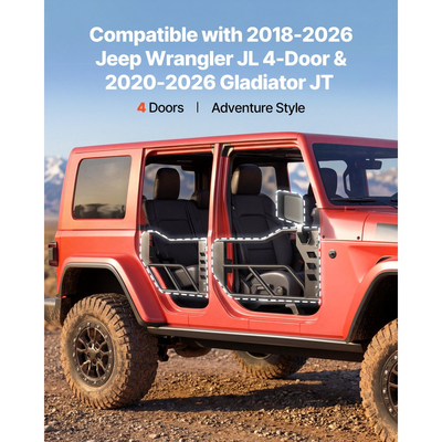 Πόρτες VEVOR Jeep Tube, 4θυρες, συμβατές με Jeep Wrangler JL 2018-2026 & Gladiator JT 2020-2026, Χαλύβδινες μπροστινές και πίσω σωληνωτές ημιθυρίδες Off Road με πιστοποιημένους πλευρικούς καθρέφτες DOT και λαστιχένια μαξιλαράκια.