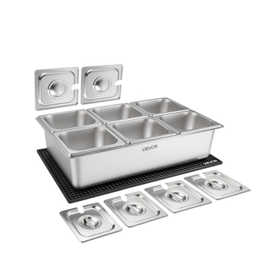 Δοχείο σερβιρίσματος φαγητού VEVOR, Δίσκος σερβιρίσματος σαλάτας από ανοξείδωτο ατσάλι, Διανομέας καρυκευμάτων μπουφέ, Ψυγμένη σχάρα με πάγο με ξεχωριστό καπάκι, για εστιατόριο, ξενοδοχείο, πάρτι (6x1/6 ταψί)