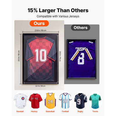 Βιτρίνα βιτρίνας VEVOR Jersey Frame, 80 x 60 x 2,5 cm, Ξύλινο κουτί σκιών για αθλητική φανέλα με 98% προστασία από την υπεριώδη ακτινοβολία, για μπλούζα μπέιζμπολ, μπάσκετ, ποδόσφαιρο, χόκεϊ, αθλητική και στολή, μαύρο