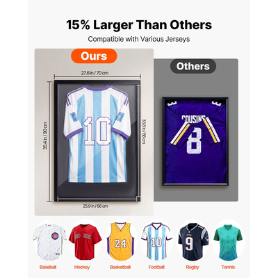 Βιτρίνα βιτρίνας VEVOR Jersey Frame, 90 x 70 x 3 cm, Ξύλινο κουτί σκιών για αθλητική φανέλα με προστασία 98% UV, για μπλούζα μπέιζμπολ, μπάσκετ, ποδόσφαιρο, χόκεϊ, αθλητική στολή, μαύρο