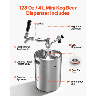 Μίνι βαρέλι VEVOR 4L, σύστημα βρύσης Growler υπό πίεση, κιτ μπύρας από ανοξείδωτο ατσάλι 304, με ρυθμιστή CO2, αυτοκλειόμενη βρύση, διατηρεί τη φρεσκάδα και ενανθράκωση για οικιακή ζυθοποιία, χειροποίητη και βαρελίσια μπύρα