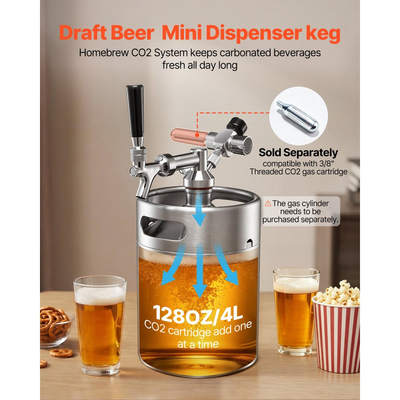 Μίνι βαρέλι VEVOR 4L, σύστημα βρύσης Growler υπό πίεση, κιτ μπύρας από ανοξείδωτο ατσάλι 304, με ρυθμιστή CO2, αυτοκλειόμενη βρύση, διατηρεί τη φρεσκάδα και ενανθράκωση για οικιακή ζυθοποιία, χειροποίητη και βαρελίσια μπύρα