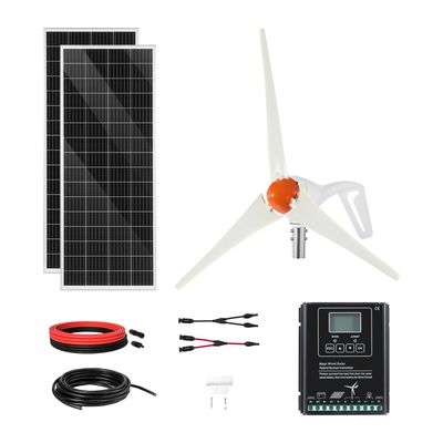 Κιτ ηλιακής αιολικής ενέργειας VEVOR 12V 400W, 2 τεμάχια μονοκρυσταλλικά ηλιακά πάνελ 100W + ανεμογεννήτρια 200W + ελεγκτής υβριδικού συστήματος MPPT αιολικής/ηλιακής ενέργειας για εφαρμογές οικιακής χρήσης, τροχόσπιτου, σκάφους και κάμπινγκ εκτός δικτύου