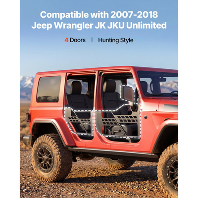 Πόρτες VEVOR Jeep Tube, 4θυρες, συμβατές με Jeep Wrangler JK JKU Unlimited 2007-2018, Χαλύβδινες μπροστινές και πίσω σωληνωτές ημιθυρίδες Off Road με πιστοποιημένους πλευρικούς καθρέφτες DOT, τσάντα αποθήκευσης και λαστιχένια μαξιλαράκια.