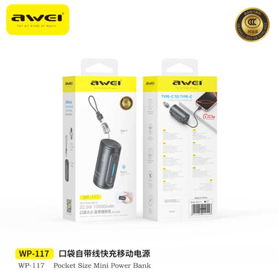 Powerbank με αποσπώμενο καλώδιο - WP-117 - 10.000mah - 22.5W - AWEI - 026482 - Black