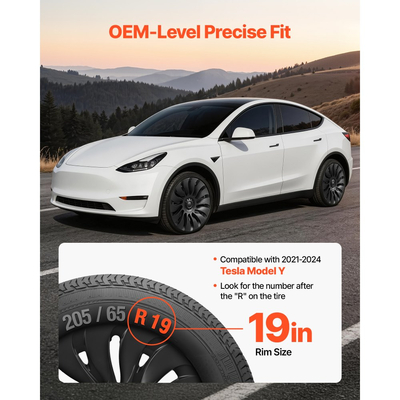 Καλύμματα τροχών VEVOR για Tesla Model Y 2021-2024, Σετ 19 ιντσών με καλύμματα τροχών 4 τροχών, αντικατάσταση OEM, καλύμματα τροχών αυτοκινήτου με κούμπωμα μεγέθους R19, καλύμματα ζαντών ελαστικών ABS 14 ακτίνων, ματ μαύρο