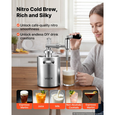 Καφετιέρα VEVOR Nitro Cold Brew 2L Σύστημα Διανομέα Αζώτου, Βαρέλι Καφέ για Οικιακή Παρασκευή, Φορητός Εγχυτήρας Αζώτου με Διανομέα και Βαλβίδα Εκτόνωσης Πίεσης, Δώρο για τους Λάτρεις του Καφέ