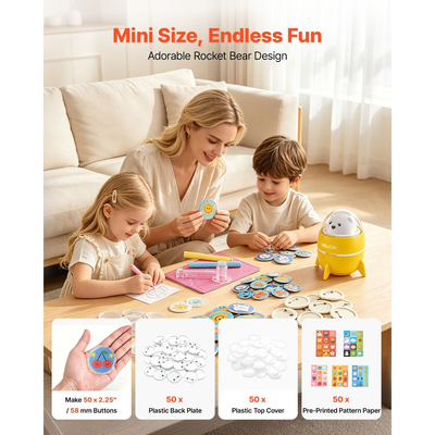 Μηχανή κατασκευής κουμπιών VEVOR, 2,25" / 58 mm, Πλαστική μηχανή δημιουργίας καρφιτσών με 50 τεμάχια κουμπιών και προεκτυπωμένο χαρτί πατρόν, Κόφτης κύκλων, Συμπαγές σώμα, για οικιακές εργασίες DIY, σχολικές εκδηλώσεις, δώρο γενεθλίων