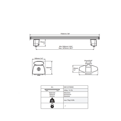 ΜΠΑΡΕΣ ΚΑΡΟΤΣΑΣ ΑΛΟΥΜΙΝΙΟΥ TBR - TRUCK BED RACK SYSTEM SILVER 172,8 cm ΣΕ ΑΣΗΜΙ ΧΡΩΜΑ ΓΙΑ PICKUP ΚΑΙ ΑΓΡΟΤΙΚΑ ΟΧΗΜΑΤΑ MENABO - 2 ΤΕΜ.