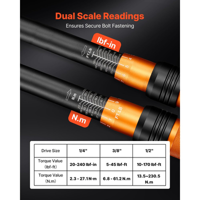 Σετ ροπών VEVOR 1/4" 3/8" 1/2" Ροπές με κλικ 47 τεμαχίων, διπλής κλίμακας μετρήσεις, υψηλή ακρίβεια ±3%, με υποδοχές μπουζί, μύτες, ράβδους επέκτασης, θήκη αποθήκευσης, για επισκευή αυτοκινήτων