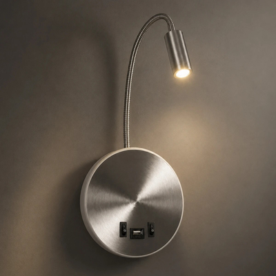 GLOBOSTAR® GOOSE 61696 Μοντέρνο Φωτιστικό Τοίχου - Απλίκα Ξενοδοχείου Reading Light με Φορτιστή USB 3A LED 6W 540lm 36° & 360° AC 220-240V IP20 Θερμό Λευκό 2700K - CREE XPE & Lumileds SMD Chip - Νίκελ Βούρτσας - Μ15.5 x Π15 x Υ30.5cm - 3 Χρόνια Εγγύηση